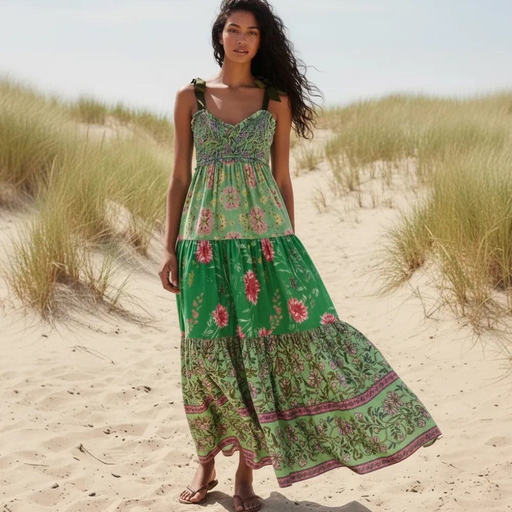 Free People Rare Feelings Maxi Dress Green Floral Smocked Ribbon Tie NWT Size M
